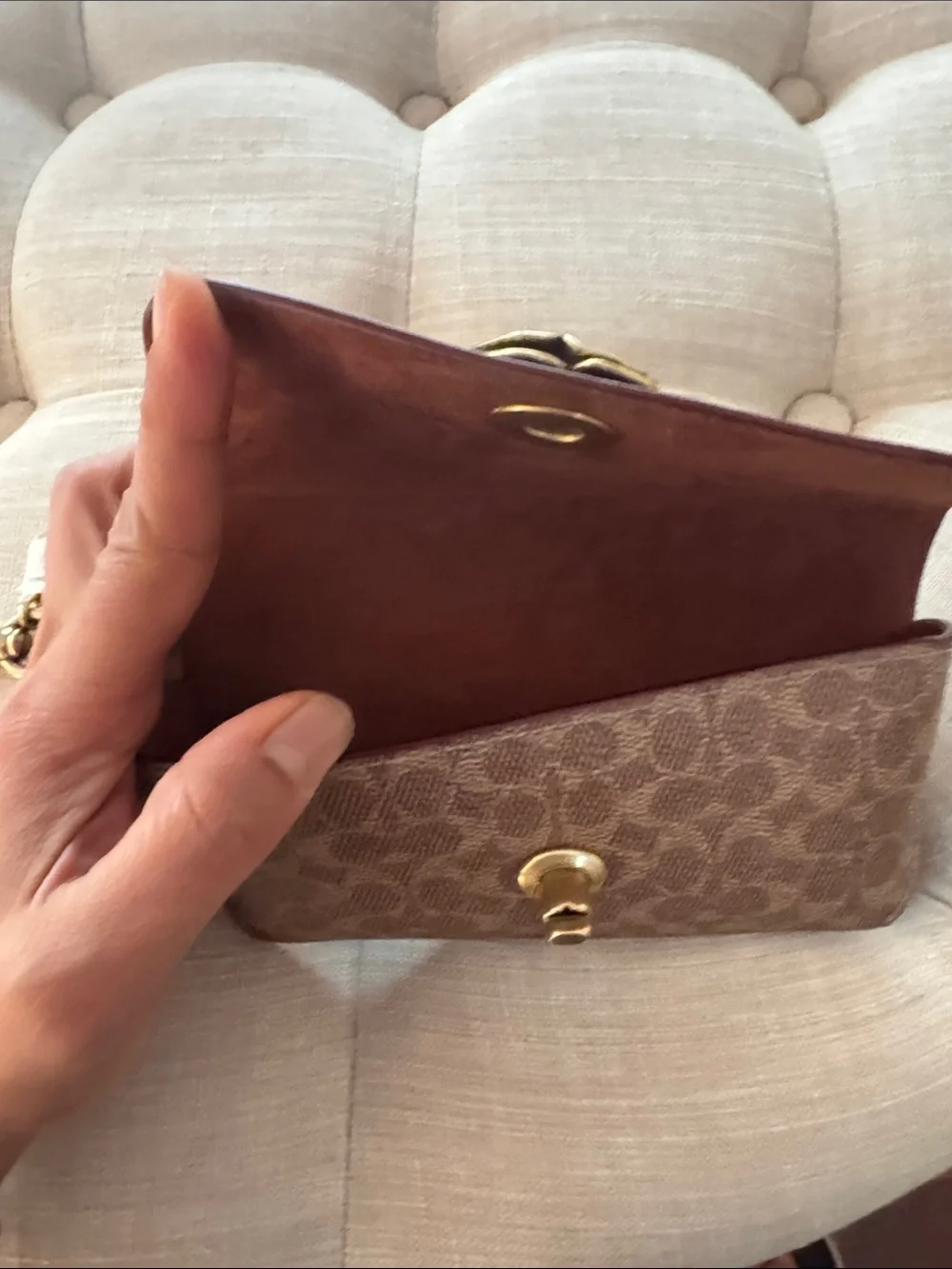 Coach Sunglass Case in Signature Canvas, featuring a brass tea rose turn lock